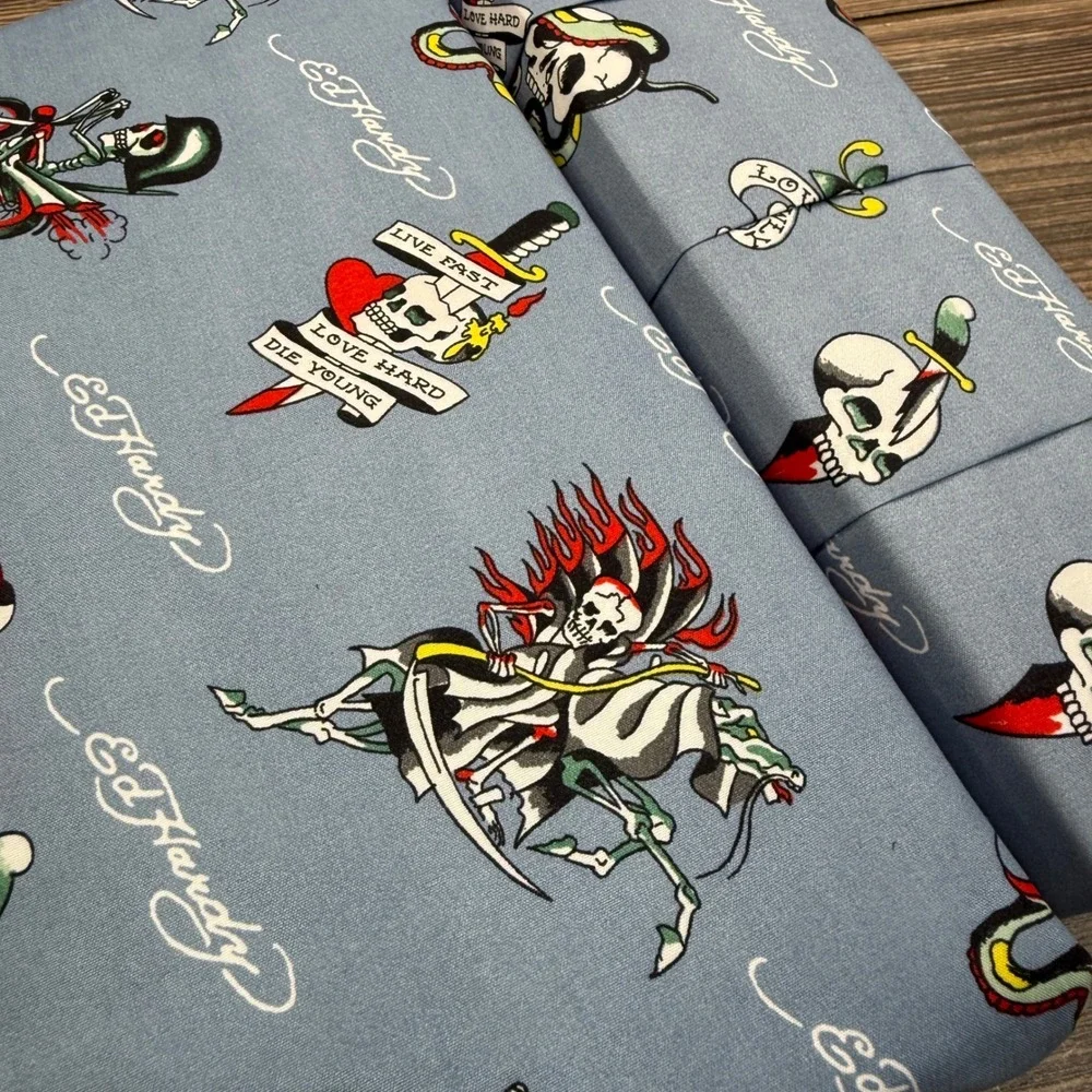 Ed Hardy Queen Sheet Set‎ 6 Piece Blue Tattoo Print Skulls Dagger New